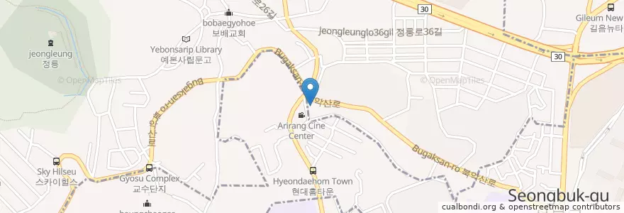 Mapa de ubicacion de 아리랑주유소 en Güney Kore, Seul, 성북구, 돈암2동, 정릉1동.