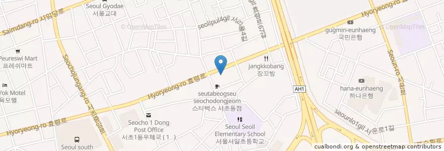 Mapa de ubicacion de 한마음주유소 en 대한민국, 서울, 서초구, 서초1동, 서초동.