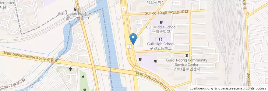 Mapa de ubicacion de SK구로주유소 en 대한민국, 서울, 구로2동, 구로1동.