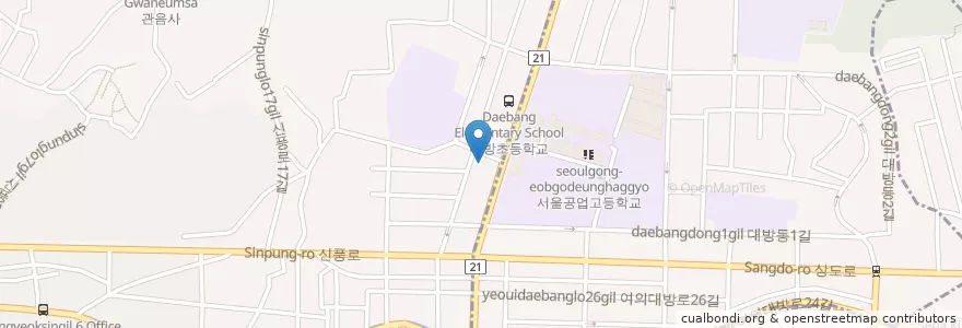 Mapa de ubicacion de 삼일사대방주유소 en 대한민국, 서울, 영등포구, 동작구, 신길6동, 신길7동.