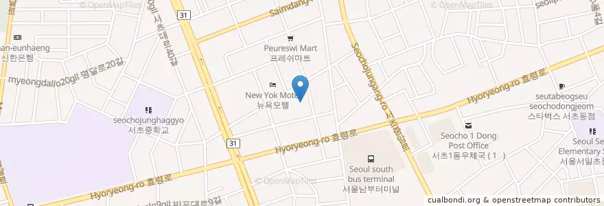 Mapa de ubicacion de (주)과수원길주유소 (Gwasuwongil Gas Station) en Güney Kore, Seul, 서초구, 서초3동, 서초동.