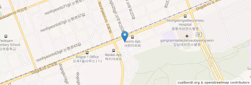 Mapa de ubicacion de 효성석유진달래주유소 en 韩国/南韓, 首尔, 江南區, 도곡동, 도곡1동.