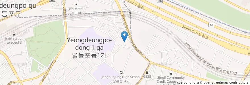 Mapa de ubicacion de SK네트웍스신길동주유소 en 대한민국, 서울, 영등포구, 신길1동, 영등포본동.