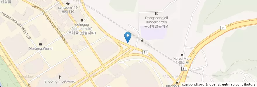 Mapa de ubicacion de 마리나주유소 en Güney Kore, Busan, 해운대구, 우동.
