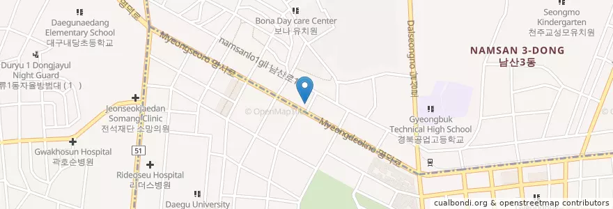 Mapa de ubicacion de 대명주유소 en 대한민국, 대구, 남구, 대명동.