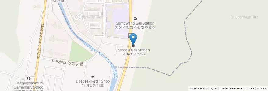 Mapa de ubicacion de 신도시주유소 en Corea Del Sud, Daegu, 북구, 관문동, 태전동.