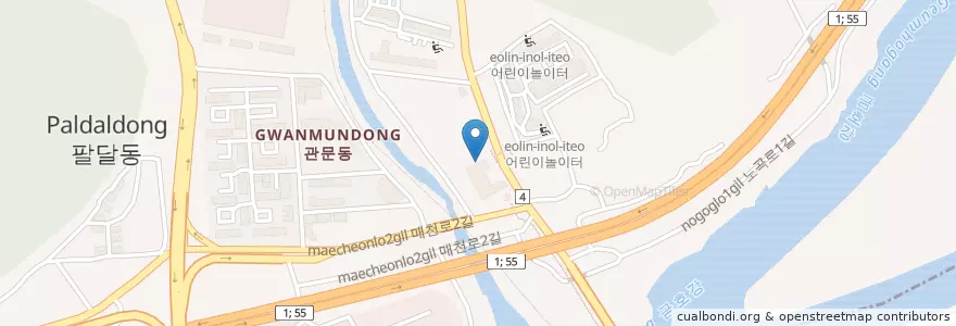 Mapa de ubicacion de 오일월드주유소 en 대한민국, 대구, 북구, 관문동.