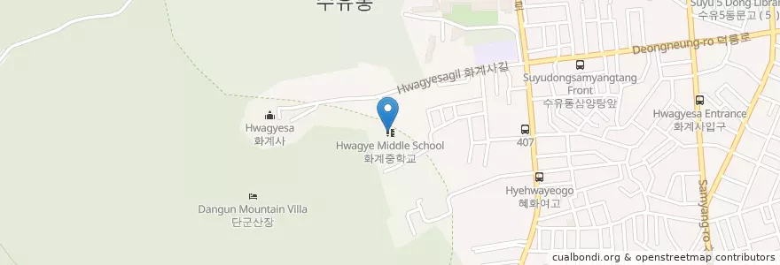 Mapa de ubicacion de 화계중학교 en 대한민국, 서울, 강북구, 수유1동.