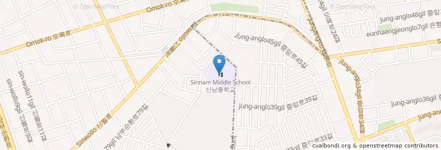 Mapa de ubicacion de 신남중학교 en 대한민국, 서울, 양천구, 신정3동, 신월2동.