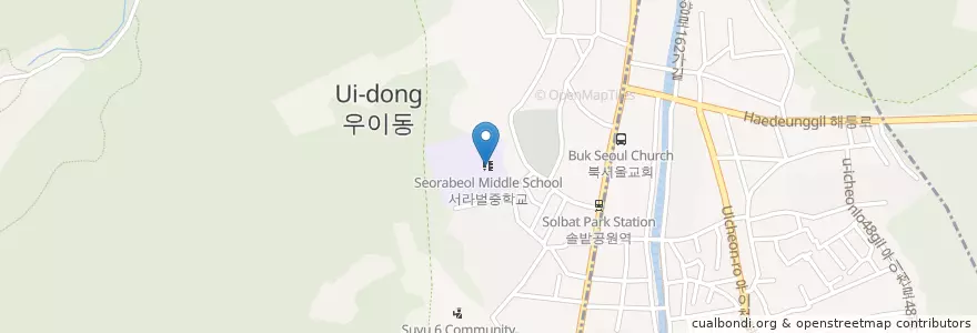 Mapa de ubicacion de 서라벌중학교 en Südkorea, Seoul, 강북구, 우이동.