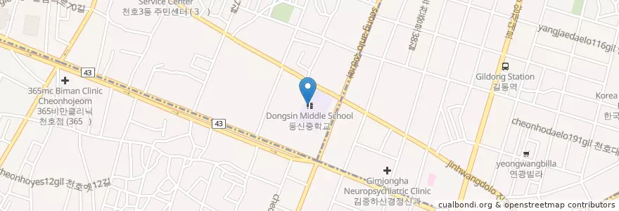 Mapa de ubicacion de 동신중학교 en كوريا الجنوبية, سول, 강동구, 천호동, 천호3동.