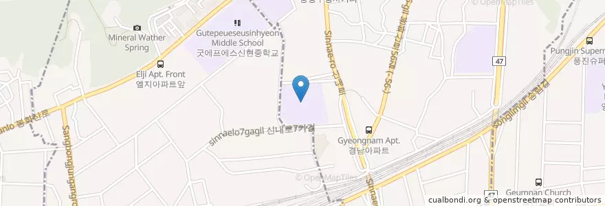 Mapa de ubicacion de 서울중화초등학교 en Güney Kore, Seul, 중랑구, 신내1동, 신내2동.