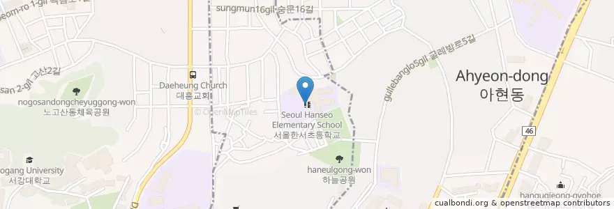 Mapa de ubicacion de 서울한서초등학교 en Korea Selatan, 서울, 마포구, 아현동.