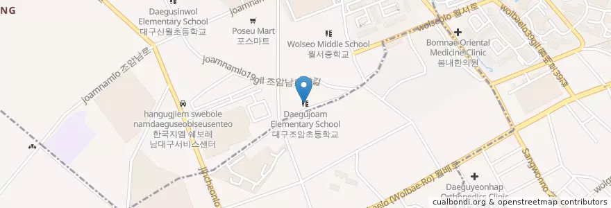 Mapa de ubicacion de 대구조암초등학교 en Güney Kore, Daegu, 달서구, 월성동, 진천동.