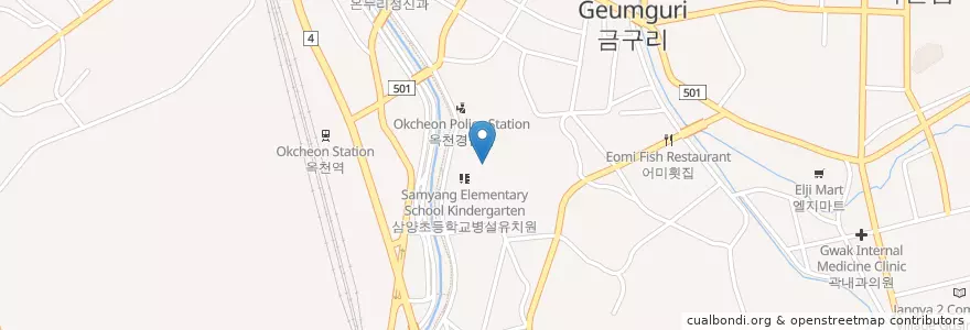 Mapa de ubicacion de 삼양초등학교 en 대한민국, 충청북도, 옥천군.