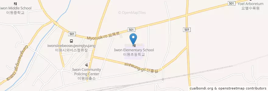 Mapa de ubicacion de 이원초등학교 en 大韓民国, 忠清北道, 沃川郡.