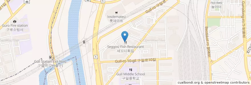 Mapa de ubicacion de 세꼬시회집 en Corea Del Sur, Seúl, 구로구, 구로2동, 구로1동.