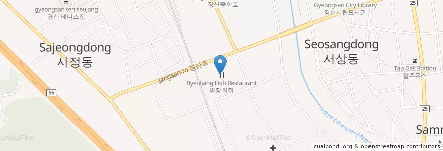 Mapa de ubicacion de Byeoljang Fish Restaurant en South Korea, Gyeongsangbuk-Do, Gyeongsan-Si, Seobu 1-Dong.