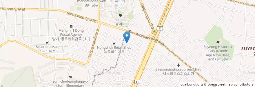 Mapa de ubicacion de 통영횟집 en كوريا الجنوبية, بسان, 수영구, 망미동.