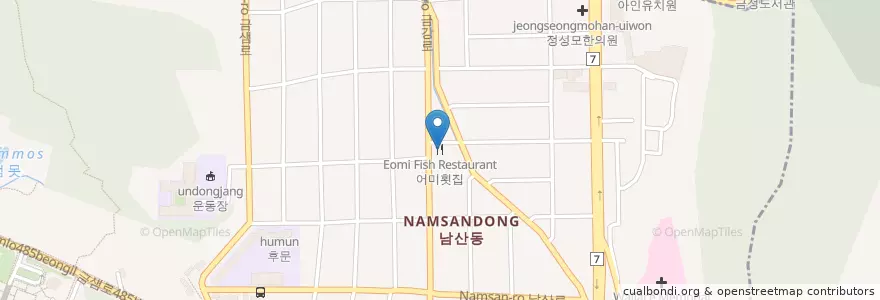 Mapa de ubicacion de 어미횟집 en كوريا الجنوبية, بسان, 금정구, 남산동.