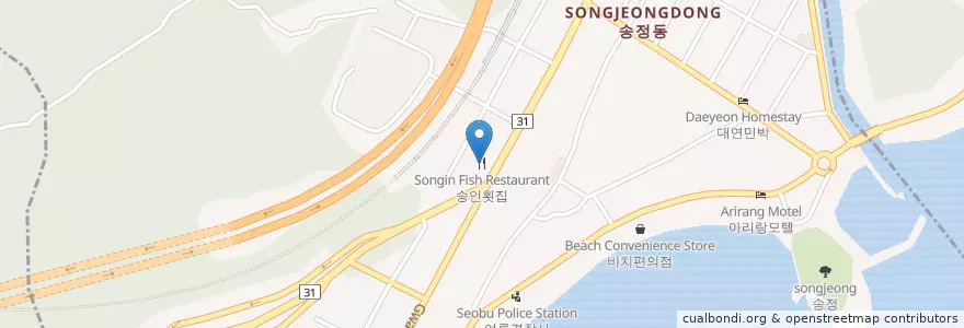 Mapa de ubicacion de 송인횟집 en Zuid-Korea, Busan, 해운대구, 송정동.