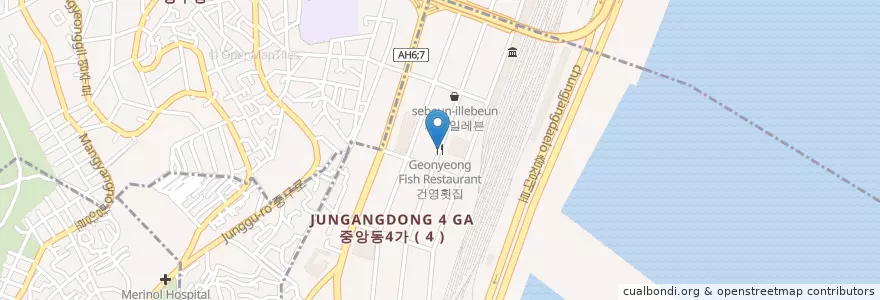 Mapa de ubicacion de 건영횟집 en Республика Корея, Пусан, 중구, 중앙동.