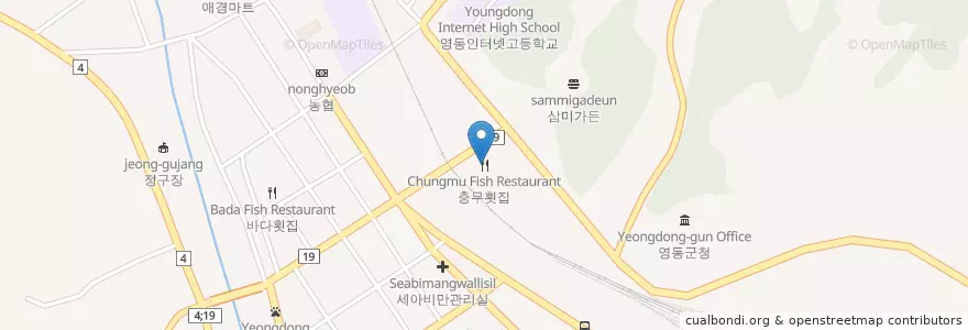 Mapa de ubicacion de 충무횟집 en Güney Kore, 충청북도, 영동군.