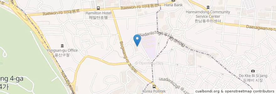 Mapa de ubicacion de 천주교 이태원교회 en Südkorea, Seoul, 용산구, 이태원1동.