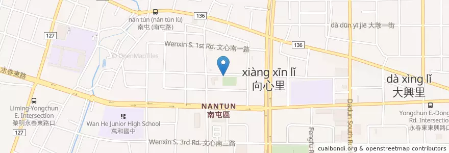 Mapa de ubicacion de Xiang Xin Children’s Park en Taiwan, Taichung, Nantun District.