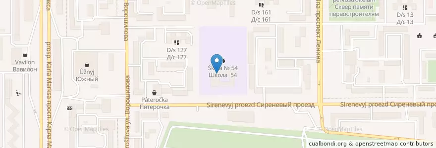 Mapa de ubicacion de Школа 54 en Rusland, Уральский Федеральный Округ, Oblast Tsjeljabinsk, Магнитогорский Городской Округ.