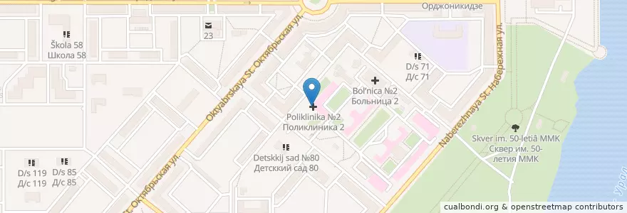 Mapa de ubicacion de Поликлиника №2 en Russland, Föderationskreis Ural, Oblast Tscheljabinsk, Магнитогорский Городской Округ.