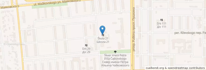 Mapa de ubicacion de Школа 21 en روسيا, منطقة فيدرالية أورالية, أوبلاست تشيليابنسك, Магнитогорский Городской Округ.