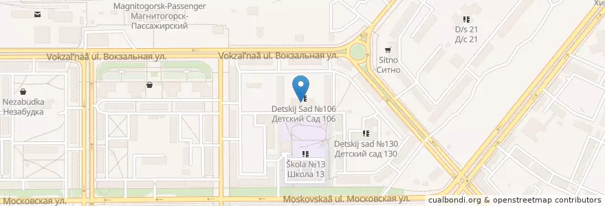 Mapa de ubicacion de Д/с 106 en روسيا, منطقة فيدرالية أورالية, أوبلاست تشيليابنسك, Магнитогорский Городской Округ.