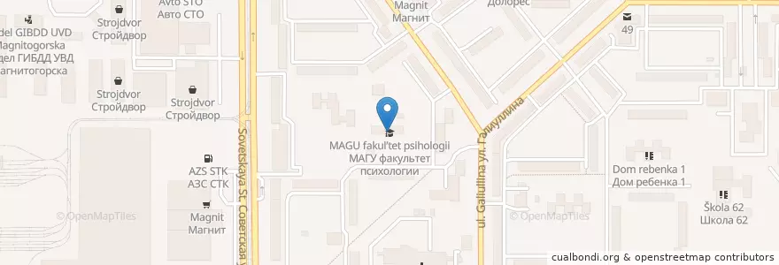 Mapa de ubicacion de МАГУ факультет психологии en ロシア, ウラル連邦管区, チェリャビンスク州, マグニトゴルスク管区.