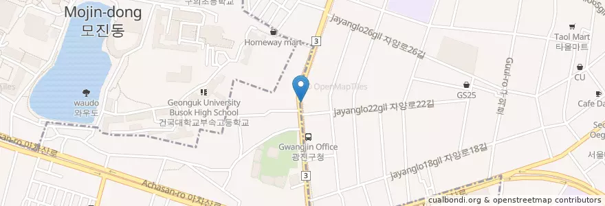 Mapa de ubicacion de Ediya Coffee en 대한민국, 서울, 광진구, 구의1동, 자양1동.