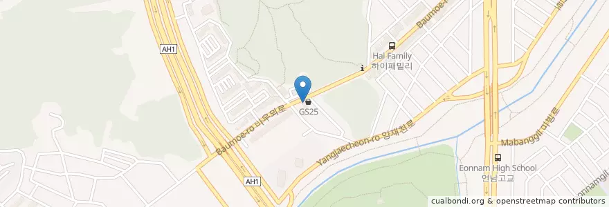 Mapa de ubicacion de Cafe Linda en 大韓民国, ソウル, 瑞草区, 양재1동, 양재동.