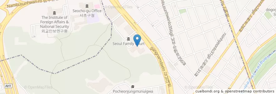 Mapa de ubicacion de 서울행정법원 en Corée Du Sud, Séoul, 서초구, 양재1동, 양재동.