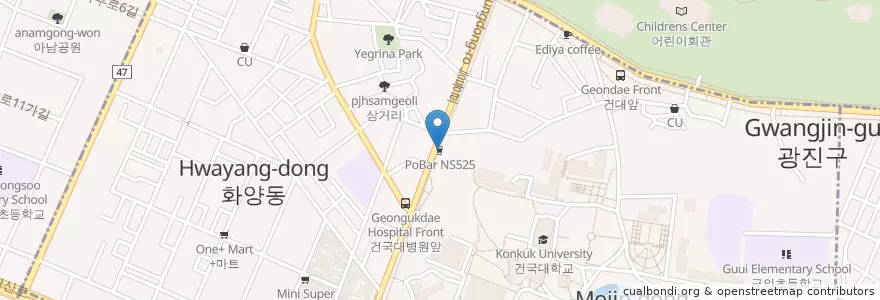 Mapa de ubicacion de PoBar NS525 en كوريا الجنوبية, سول, 광진구, 화양동.
