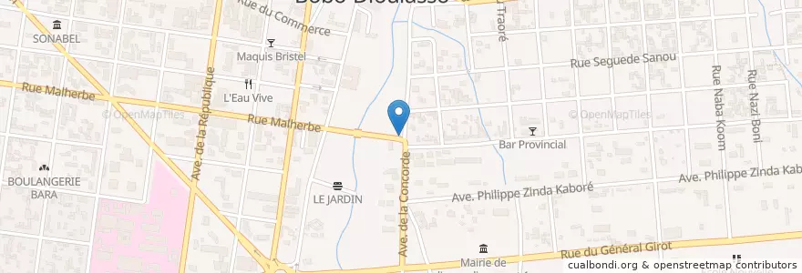 Mapa de ubicacion de Kiosque Chez Tino en 부르키나파소, Hauts-Bassins, Houet.
