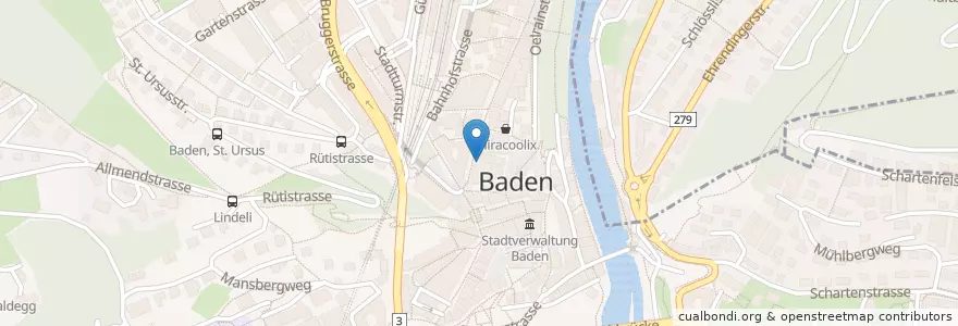 Mapa de ubicacion de Migros Bank en スイス, Aargau, Bezirk Baden, Baden.