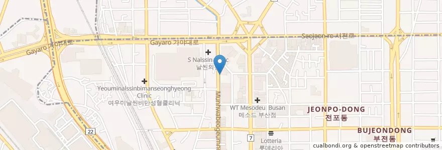 Mapa de ubicacion de Starbucks Coffee en 대한민국, 부산, 부산진구, 부전동.