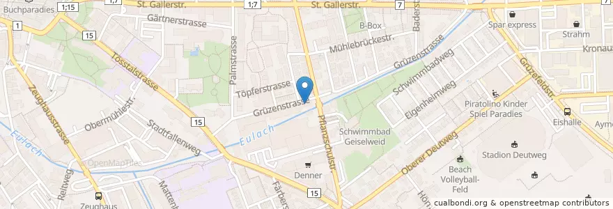 Mapa de ubicacion de Restaurant Eulachstrand en Suisse, Zurich, Bezirk Winterthur, Winterthur.