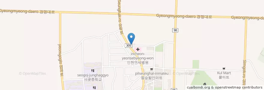 Mapa de ubicacion de 연희연세약국 en 大韓民国, 仁川広域市, 西区, 연희동.