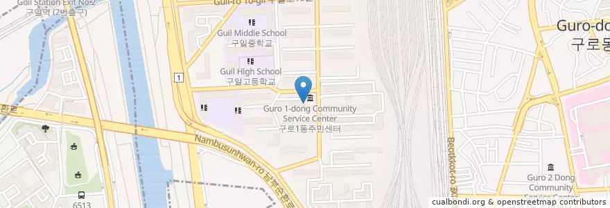 Mapa de ubicacion de 구로1동 en 대한민국, 서울, 구로구, 구로2동, 구로1동.