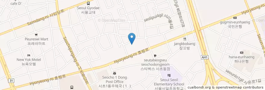 Mapa de ubicacion de 서초1동 en Coreia Do Sul, Seul, 서초구, 서초1동, 서초동.