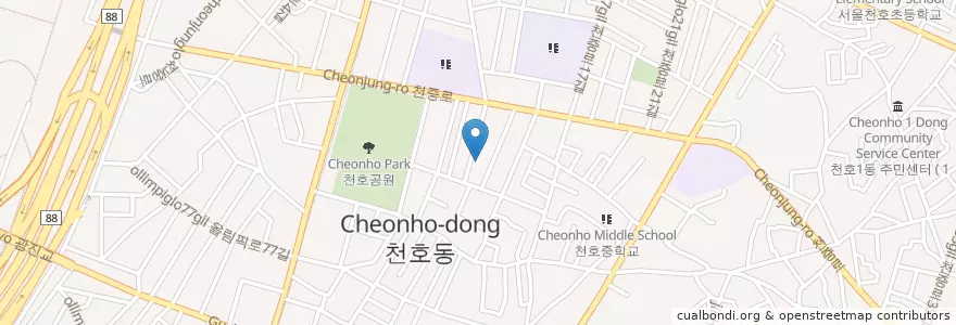 Mapa de ubicacion de 천호동 en 대한민국, 서울, 강동구, 천호동.