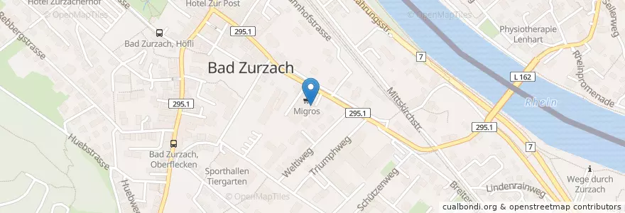 Mapa de ubicacion de Migros en Schweiz/Suisse/Svizzera/Svizra, Aargau, Bezirk Zurzach, Bad Zurzach.