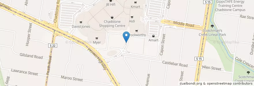 Mapa de ubicacion de Chadstone Shopping Centre Bus Interchange en 오스트레일리아, Victoria, City Of Stonnington, City Of Monash.