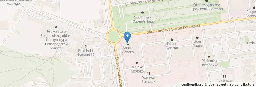 Mapa de ubicacion de Аптека en Rusia, Distrito Federal Central, Óblast De Bélgorod, Белгородский Район, Городской Округ Белгород.