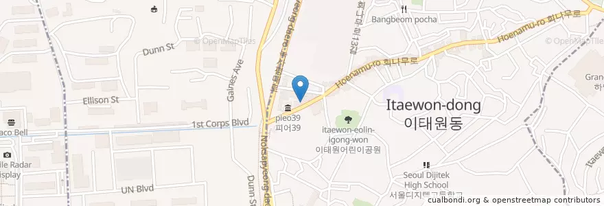 Mapa de ubicacion de 핫토리키친 en Coreia Do Sul, Seul, 용산구, 용산2가동, 이태원2동.